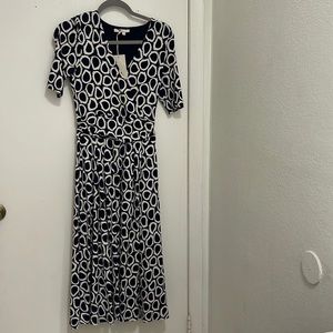 NWT Boden Women’s Dress 2 Kassidy Jersey Midi Faux Wrap Navy White Print Ruching